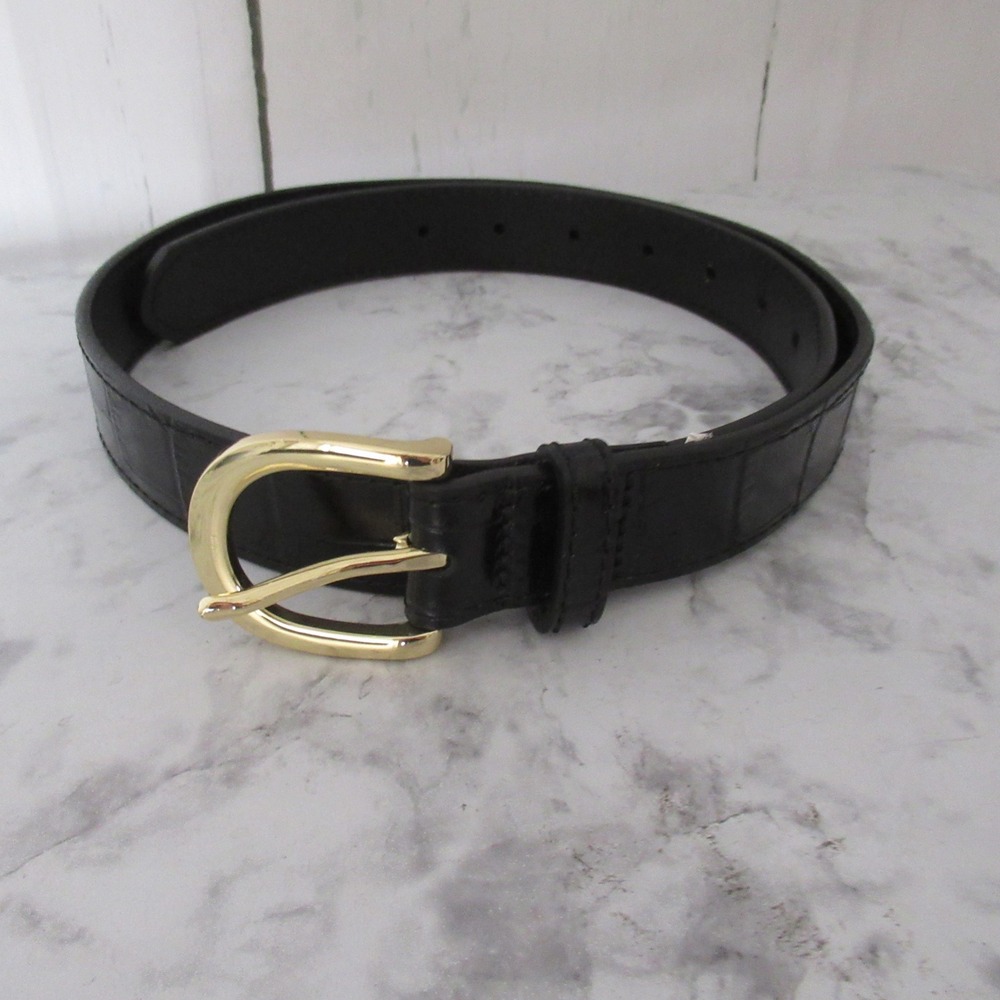 J Crew Leather Belt Womens S Black Croc Embossed Gold Buckle Classic Preppy